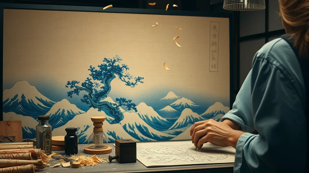 majestic Japanese woodblock print landscape, artist delicately carving intricate patterns, traditional Japanese studio, wood shavings, vibrant indigo tones, japanese woodblock art process image