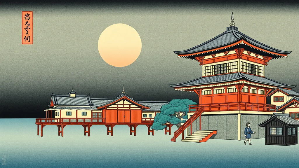 Japanese Woodblock print House on Japanese landscape