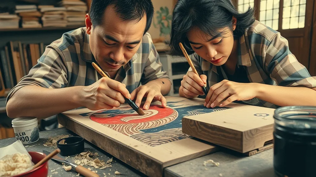 step-by-step Japanese woodblock print process, hands carving wood block, applying ink, traditional studio, japanese woodblock print technique