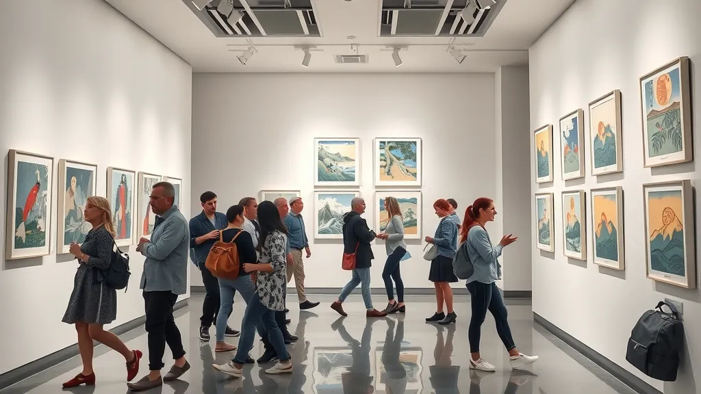 contemporary art gallery with Japanese woodblock prints, visitors admiring framed prints, modern japanese woodblock art influence