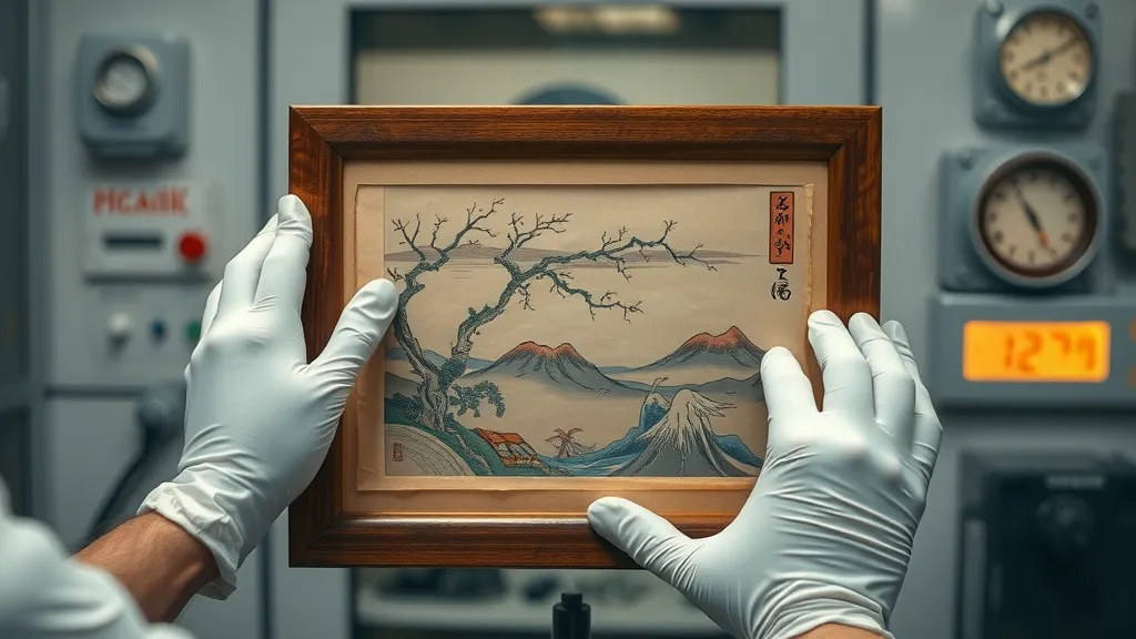 carefully preserved Japanese woodblock print, conservator using cotton gloves, archival frame, best preservation practices for japanese woodblock