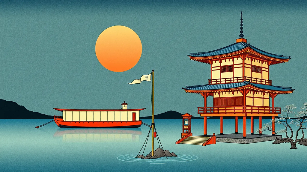 Japanese woodblock print of house and boat on lake